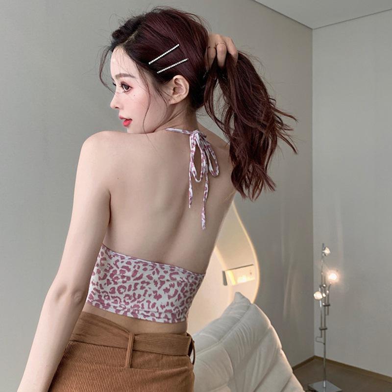 Женские леопардовые топы с лямкой на шее, тонкие топы с открытым пупком