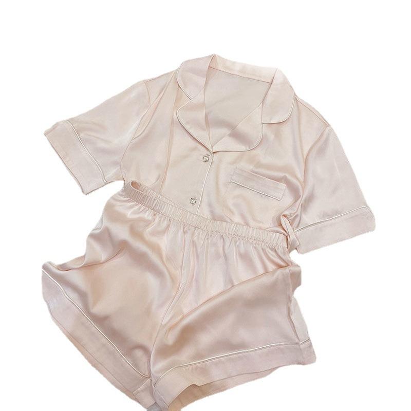 Solid Color Ice Silk Pajamas Women'S Summer Thin Foreign Style High-Value Short-Sleeved Loungewear Two-Piece Set Can Be Worn Outside