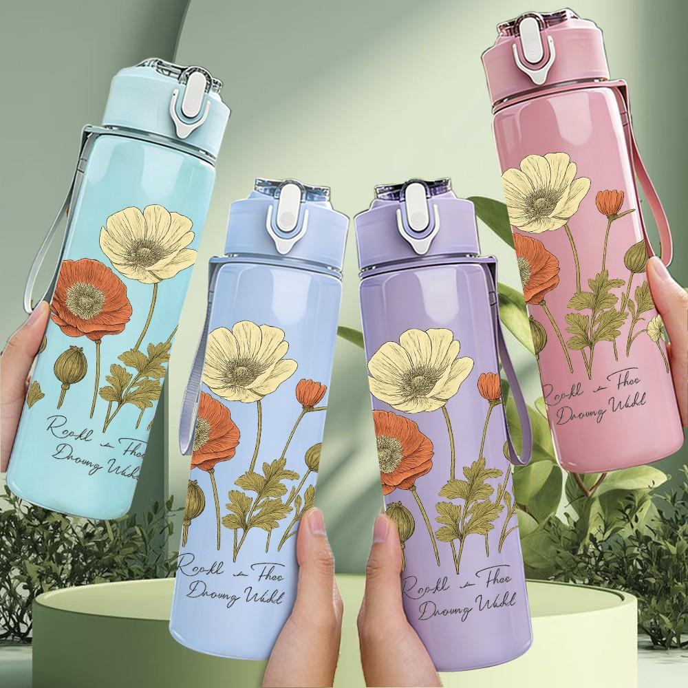 1PC Poppy Flower Botanical Art 750ml Color Plastic Sports Water Bottle Leakproof Flip Straw Lid Suitable for Sports Office Home Use