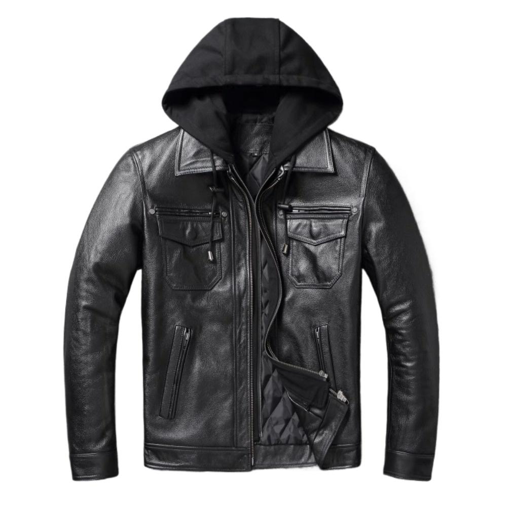 Chinese Size Removable Hooded Leather Jacket Men Genuine Cowhide Leather Coat Slim Biker Clothing Mens Coat Winter Veste Cuire Homme