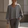 Womens V-Neck Solid Color Sweater Casual Long Sleeve Knit Top Winter