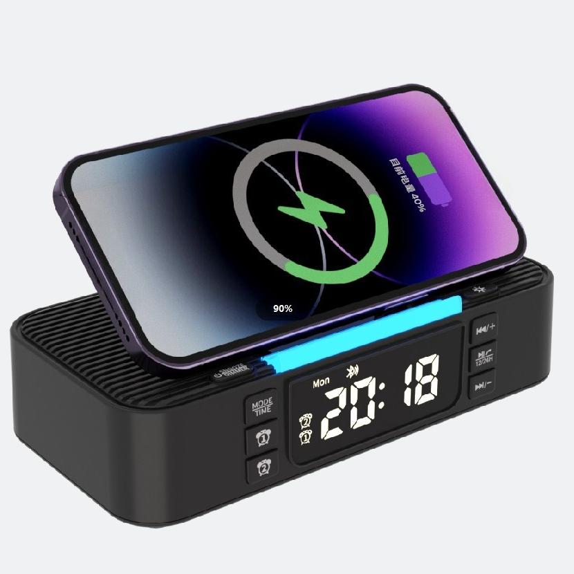 Беспроводная зарядка Bluetooth-динамик Часы FM-радио Ночник Электрический двойной динамик Громкий будильник Порты USB и Type-C для зарядки телефона