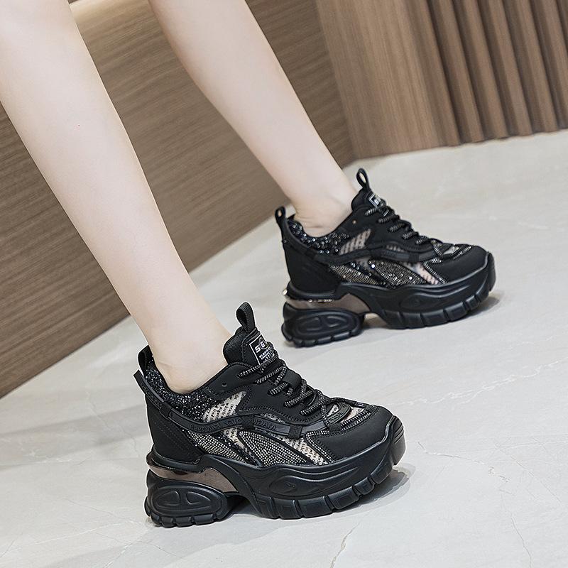 Летние дышащие сетчатые туфли на толстой подошве с увеличением высоты на 9 см, со стразами, для повседневной носки и занятий спортом, с увеличением высоты каблука, женская обувь