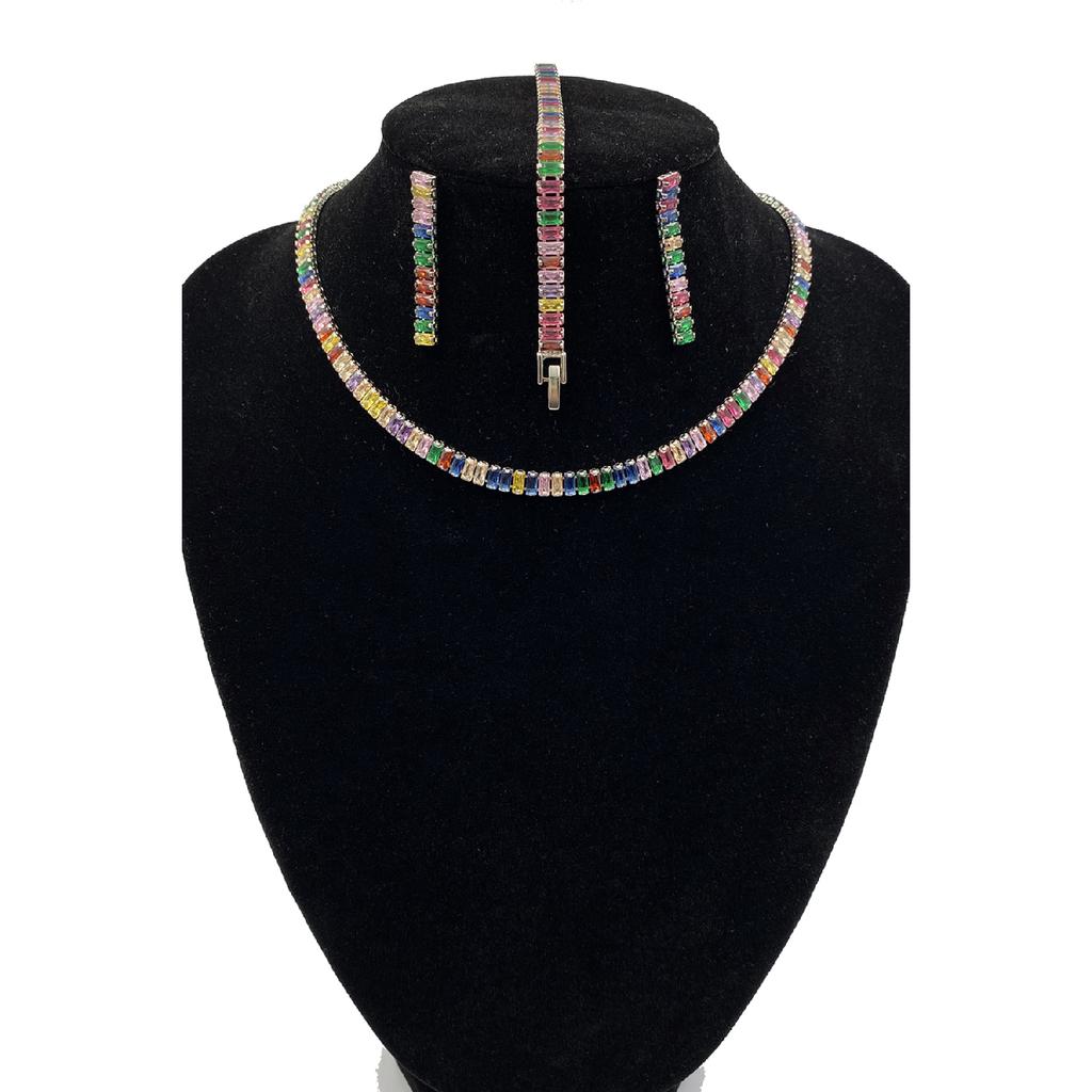 Women's Silver Zircon Baguette Waterway Necklace Earring Bracelet Jewelery Set Suit