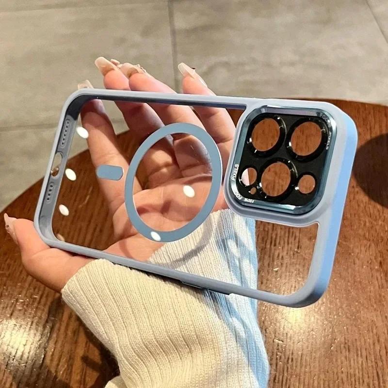 Роскошный Прозрачный Чехол Magsafe для iPhone 16 15 14 13 12 11 Pro Max Plus Магнитная Беспроводная Зарядка Защита Камеры Ударопрочный Чехол