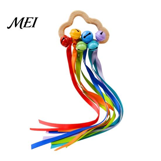 Wooden Cloud Rattle Baby Toy, Shape Teether Grasping Toy with Colorful Ribbons, Sensory Bell for Newborn, Infant Shaker Visual Auditory Development
