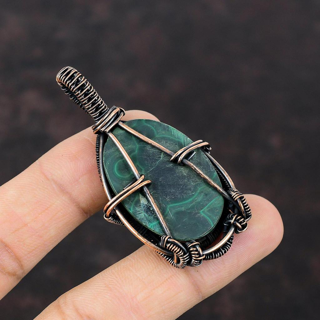 Малахитовый кулон, обернутый медной проволокой, высококачественный драгоценный камень, ювелирное изделие ручной работы, дизайнерский кулон, обернутый медной проволокой, ювелирное изделие в подарок для женщин
