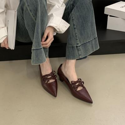 2025 осень новые туфли-лодочки с острым носком, неглубоким вырезом, на низком каблуке, одинарные туфли, на шнуровке с бантом, на толстом каблуке, на среднем каблуке, женская обувь, универсальные туфли из маленькой кожи
