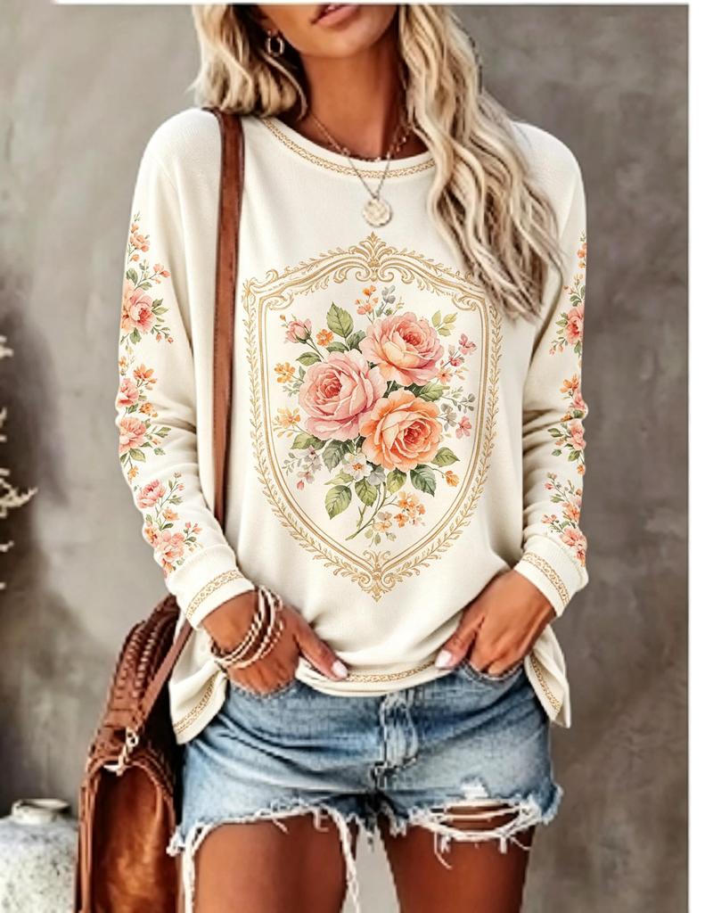 Women Crew Neck Long Sleeve Tops, Vintage Rose Floral Print Casual Loose T‑Shirt
