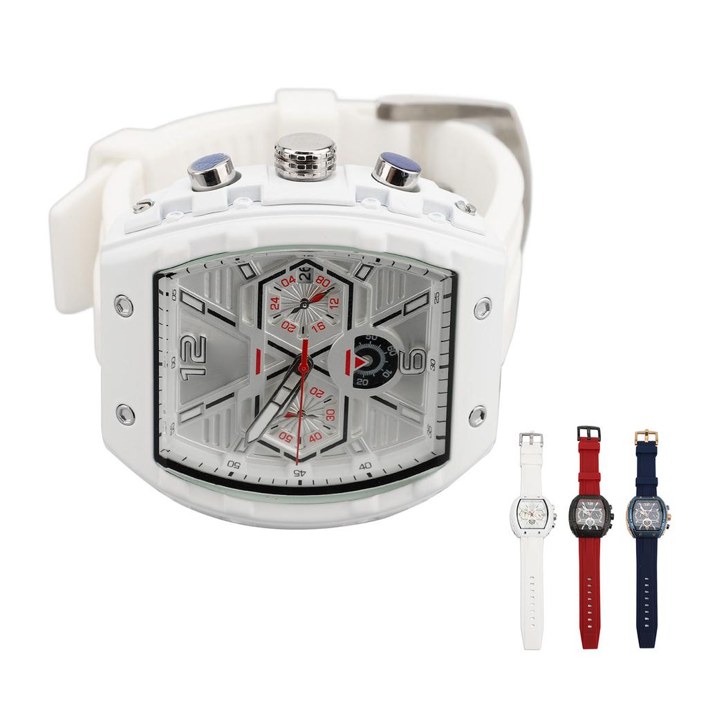 Men Multifunctional Quartz Watch Large Dial Silicone Strap Water Resistant Wristwatch Quartz Watch W