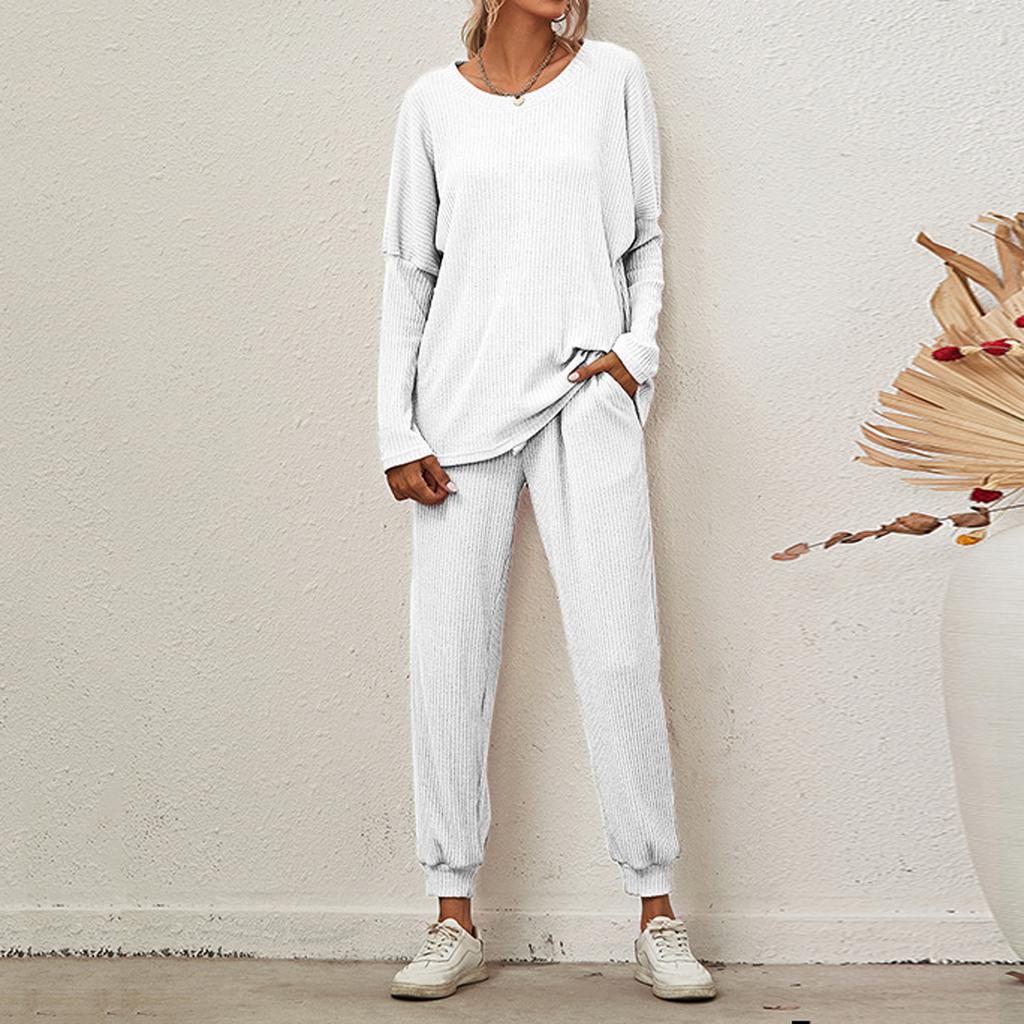 Women's 2 Piece Outfits Sets Ruched Long Sleeve Tops Wide Leg Pants Tracksuit Sets