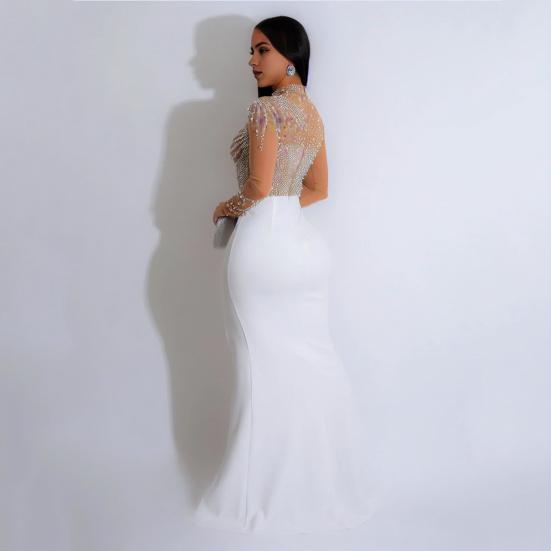 Женское платье с воротником до половины и длинными рукавами, длинное платье с разрезом по бокам, сетчатое платье макси со стразами и разрезом по бокам