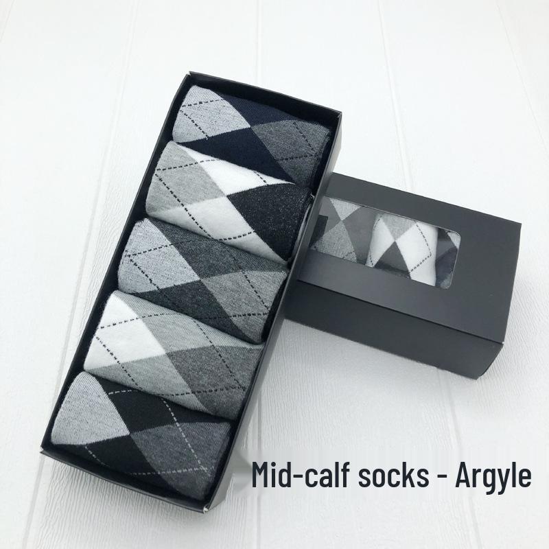 Мужские хлопковые носки до середины икры, подарочный набор - 5 пар, однотонные цвета для осени и зимы
