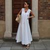 Летнее повседневное платье без рукавов, новое, европейского и американского стиля, из чистого хлопка, для отпуска, с U-образным вырезом, свободное, длинное