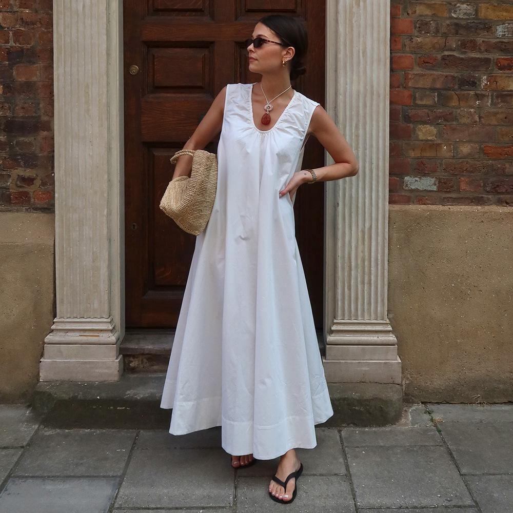 Летнее повседневное платье без рукавов, новое, европейского и американского стиля, из чистого хлопка, для отпуска, с U-образным вырезом, свободное, длинное