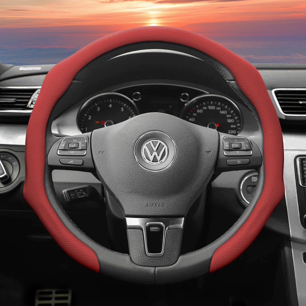 Подходит для Volkswagen Чехол на руль из перфорированной кожи, Нескользящий, Дышащий, Интегрированный защитный чехол Golf Passat Polo Jetta