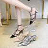 Original Brand Designer Metal Rivet Decoration High Heels Women Sexy Pointed Toe Patent Leather Ankle Strap Thin Heeled Sandals