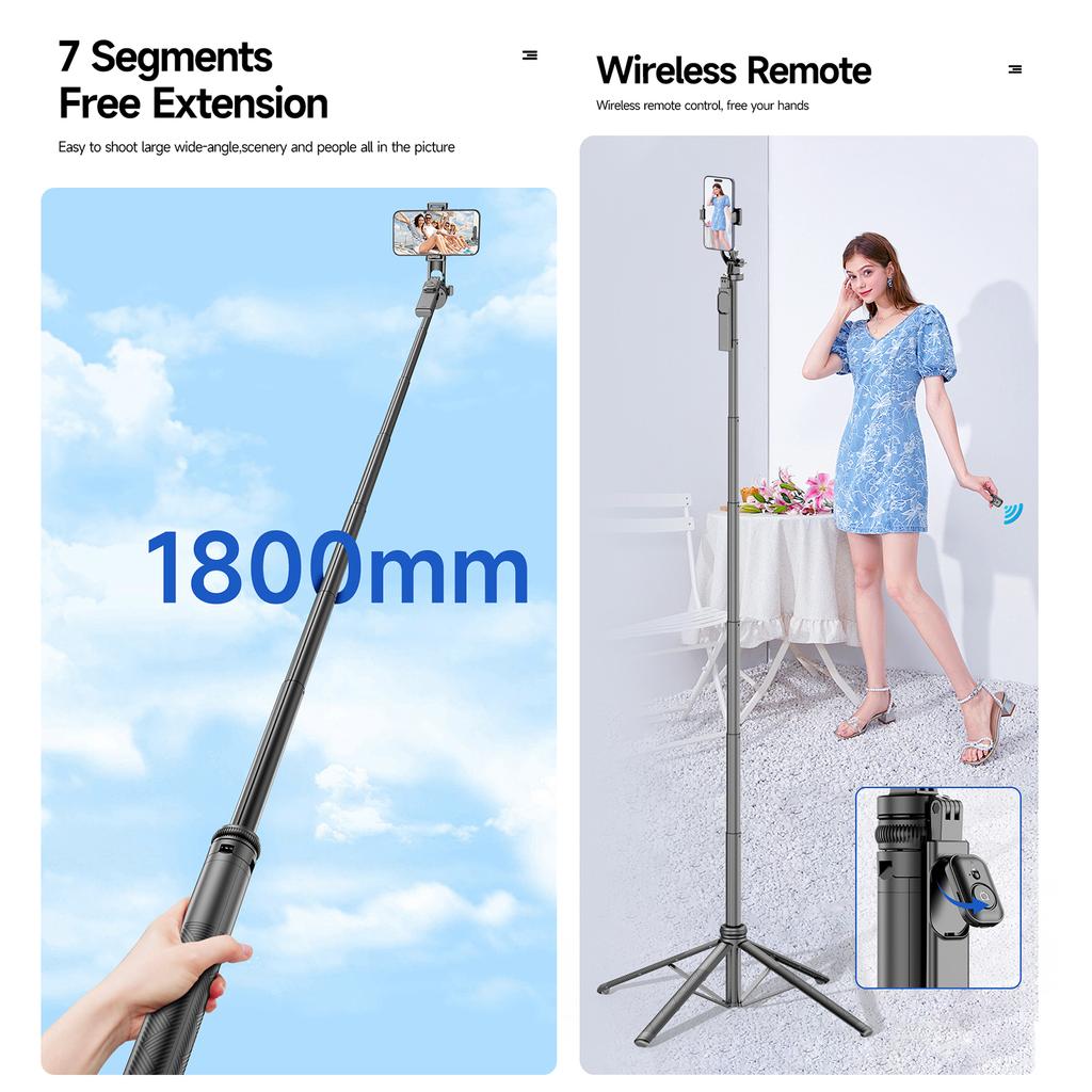 4-Leg Extendable Selfie Stick Tripod for Phone Max. Length 180cm/71in Stable Quadrapod with 1/4