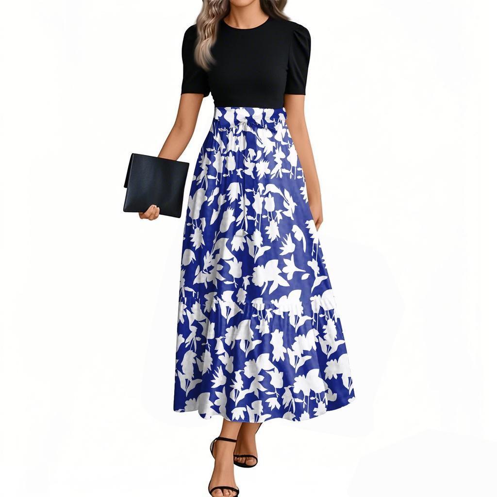 Women's Fashion Casual Belt Short Sleeve Round Neck Retro Printed Splicing Elegant Temperament Dress