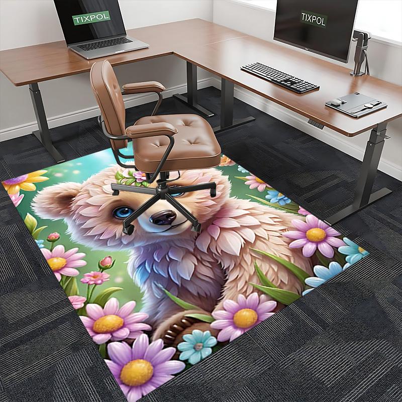 1pc Anime Cartoon Design Office Chair Mat - Flower Bear Floral Pattern Anti-Slip Carpet for Home Decor, Suitable for All Seasons.H053