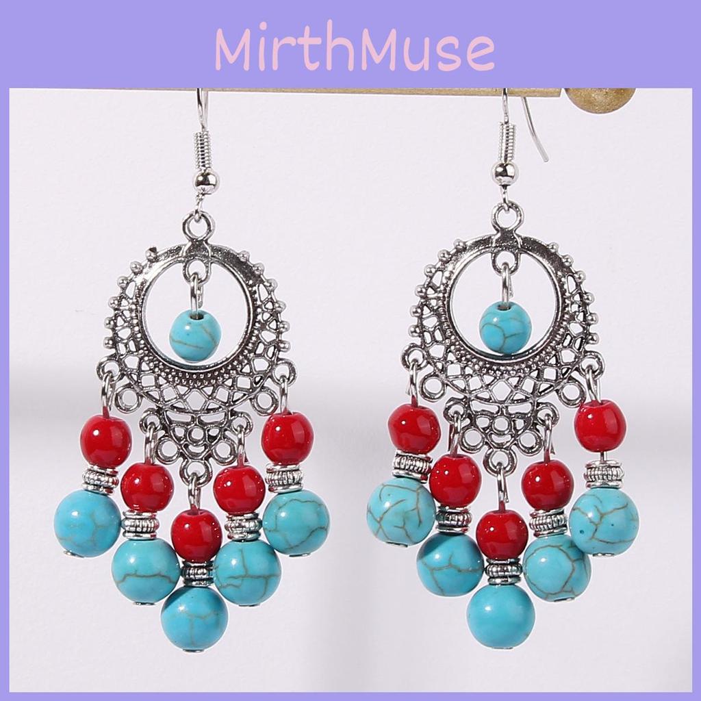 Ethnic Simulation Turquoise Beaded Earrings With Silver Filigree For Women
