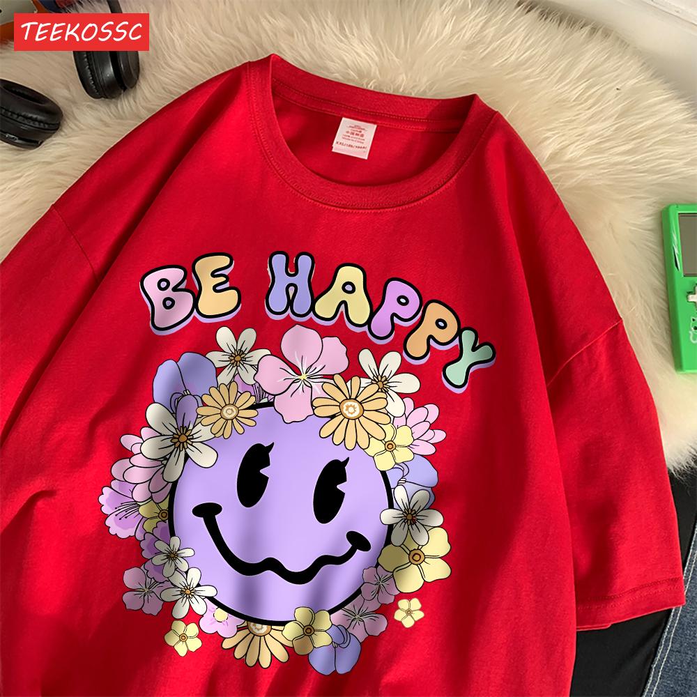 Street Cotton Womans T-Shirts Be Happy Face Cartoons Printing Short Sleeve O-Neck Breathable Loose Tops Trend Female Clothes