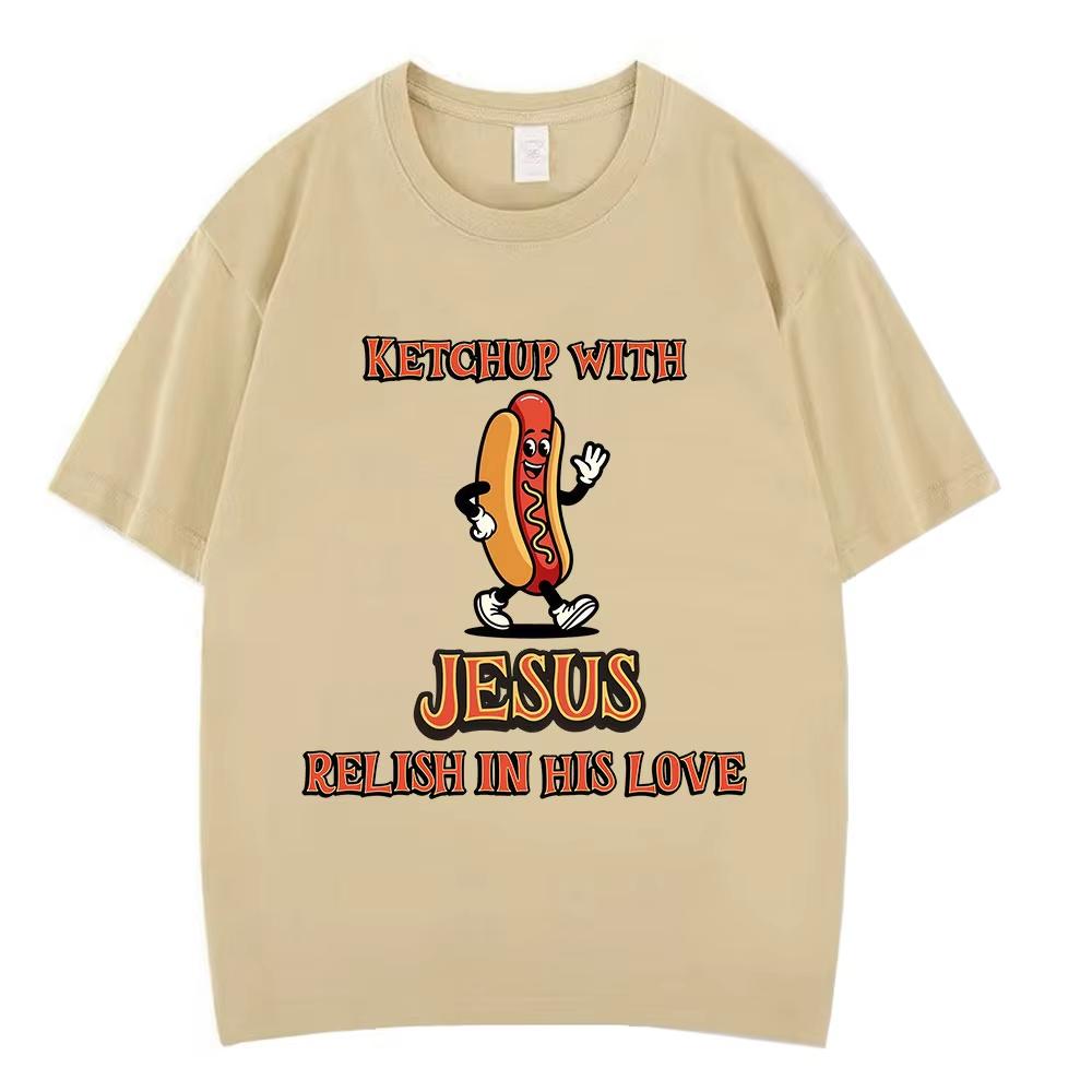Funny Christian Hot Dog Funny Jesus Graphic Tshirt Unisex Women Vintage T Shirts Shortsleeved pure Cotton Casual Fashion Tshirts