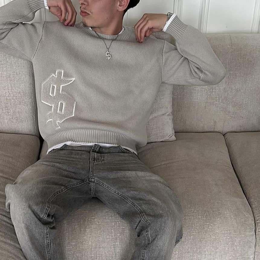 RogueWave Y2K Grey Long Sleeve Sweater Dollar Gothic Embroidery Pullover Retro Casual Streetwear Old Money Men Boxy Knitted Clothing