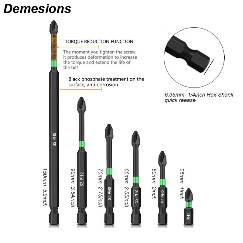 Набор магнитных бит Impact Batch с нескользящим наконечником, шестигранный хвостовик 1/4 дюйма, магнитная головка PH2, набор крестовых отверток Phillippes