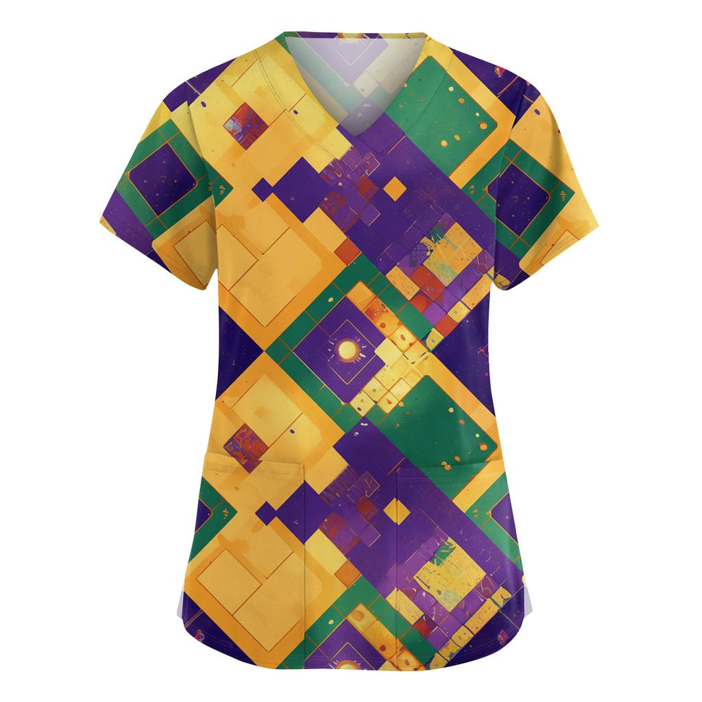 Женский модный рабочий топ с V-образным вырезом, принтом, короткими рукавами, карманом, боковым разрезом, базовый пуловер