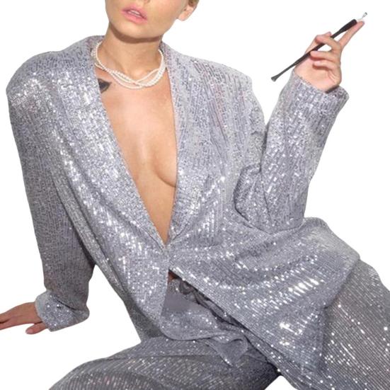Женская рубашка с пайетками, брюки, лацкан, V-образный вырез, мешковатая, с длинным рукавом, средняя длина