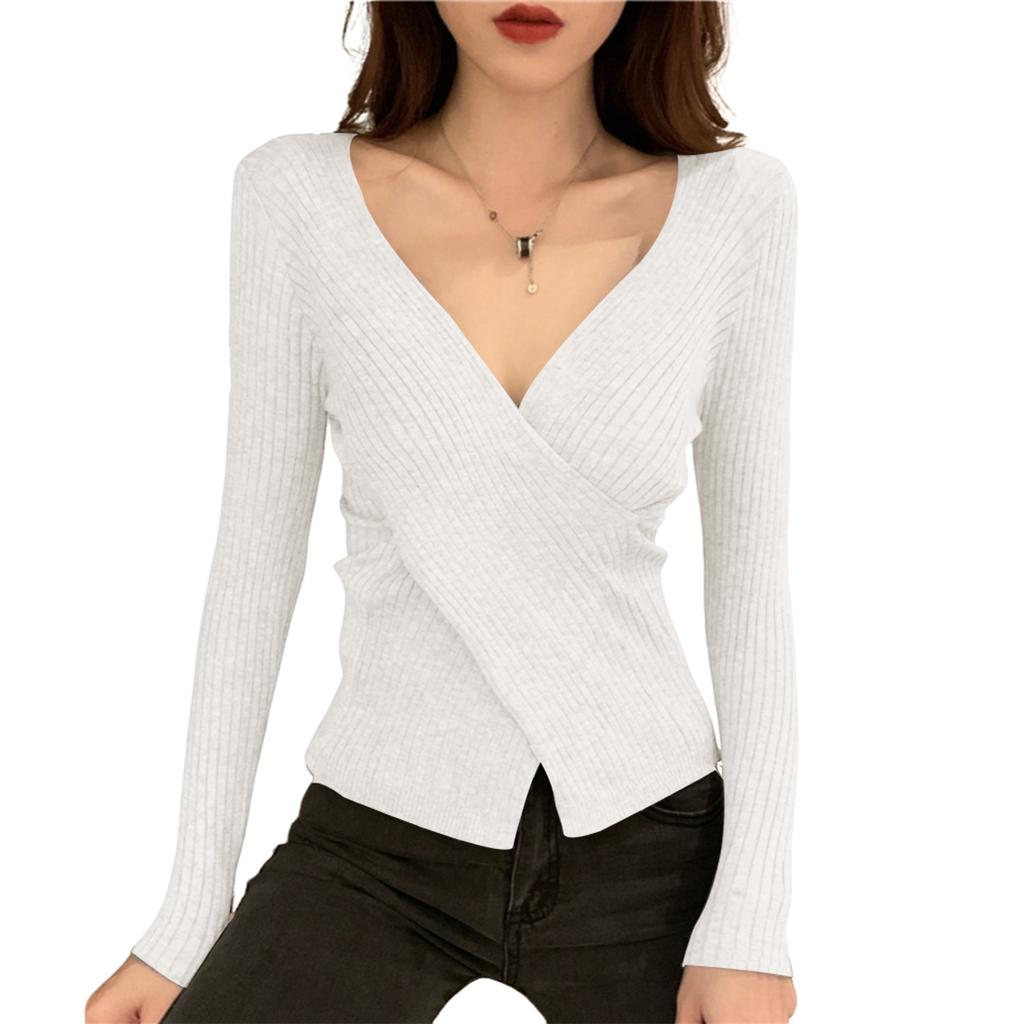 Women's V-neck Sweater Bottoming Shirt With Long Sleeves Cross-fitting Knitted Tights