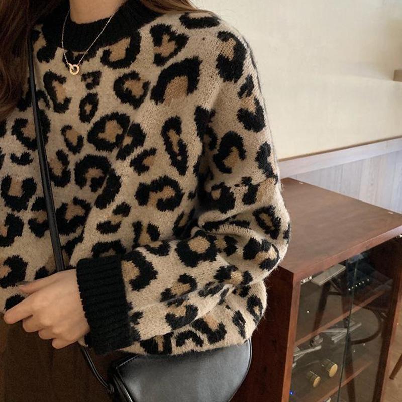 Свитер с леопардовым принтом, женский свободный толстый вязаный повседневный пуловер