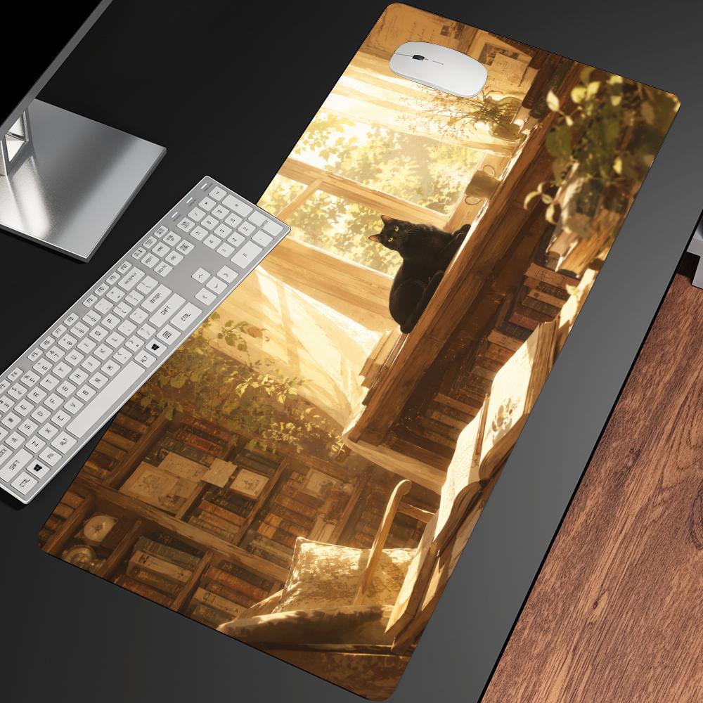 Black Cat in Autumn Extra Big Mouse Pad Anti-Slip Rubber Desk Pad Durable Locking Edge Laptop Mouse Mat for Gamer Home Office