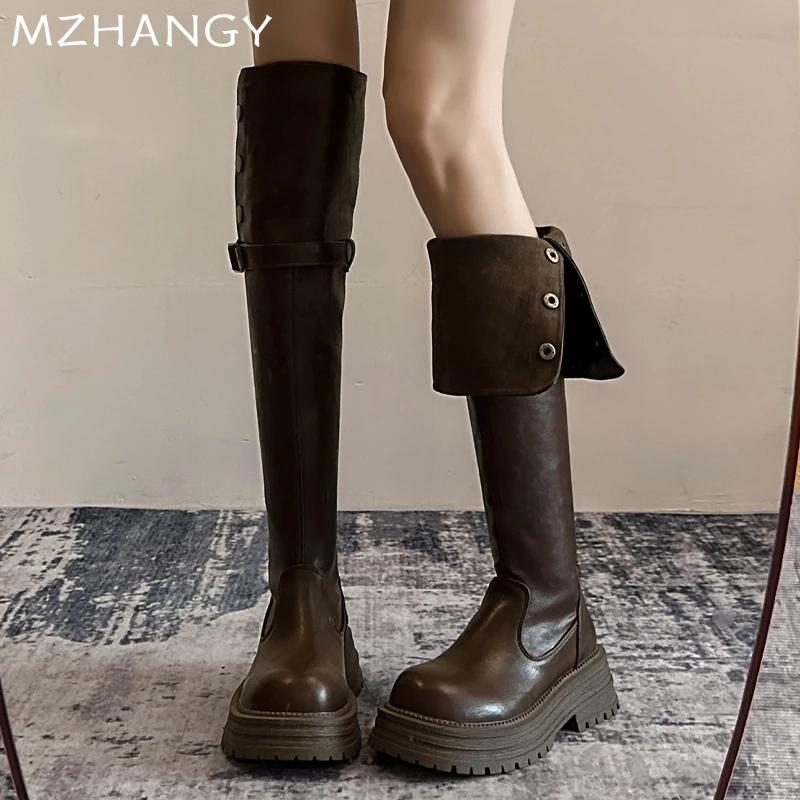 Модные женские кожаные высокие сапоги на платформе, туфли на плоской подошве, высокие сапоги до колена, женские трендовые зимние платья 2025 года, готические ретро-сапоги для снега, Mujer Botas