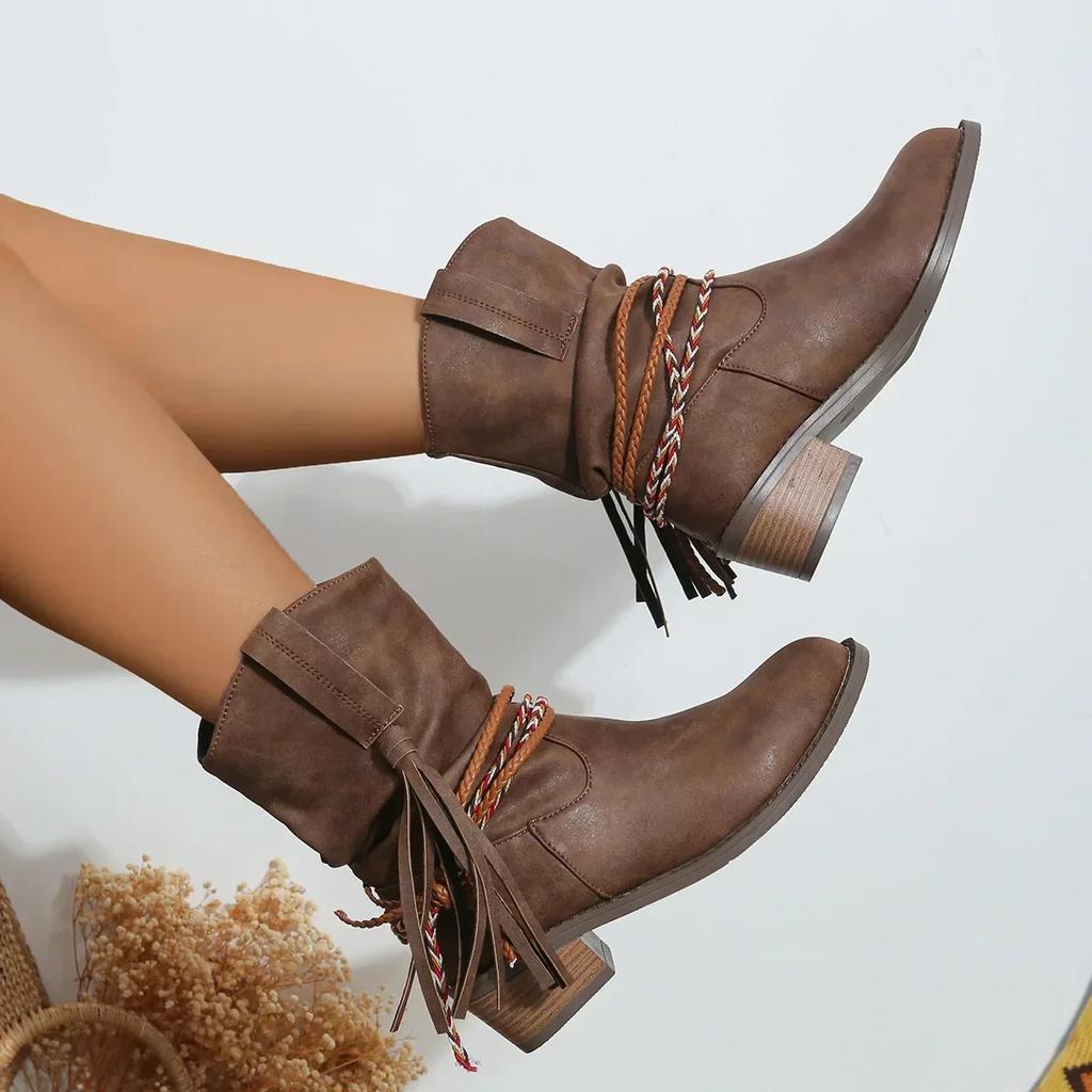 Пиратские сапоги женские плиссированные кисточки до середины голени женские с острым носком на толстом каблуке короткие женские без застежек большого размера 43