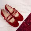 IPPEUM Red Velvet Ballet Flats Shoes Round Toe  Bow Ballerinas Zapatos Mujer Women Mary Janes