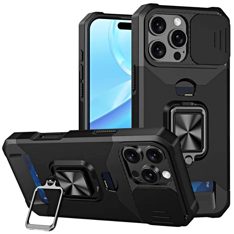 Ударопрочный тяжелый жесткий чехол с металлической подставкой и слотом для карт для iPhone 16 Pro Max 15 Pro Max 14 Pro Max