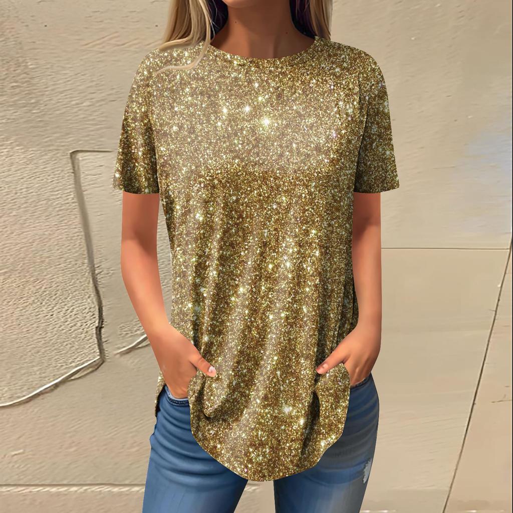 Женская мода, повседневная футболка с круглым вырезом и блестками, пуловер с короткими рукавами, топ