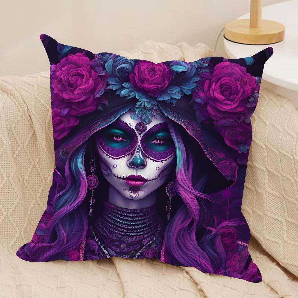 Sugar Skull Girl Cushion Cover Soft Plush Fabric DoubleSided Printed Sofa Cushion Cover for All Seasons Home Decor Gift