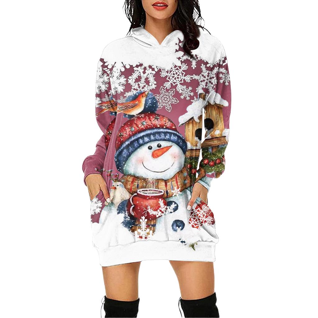 Women's Christmas Print Long-Sleeved Hooded Pocket Pullover Dress