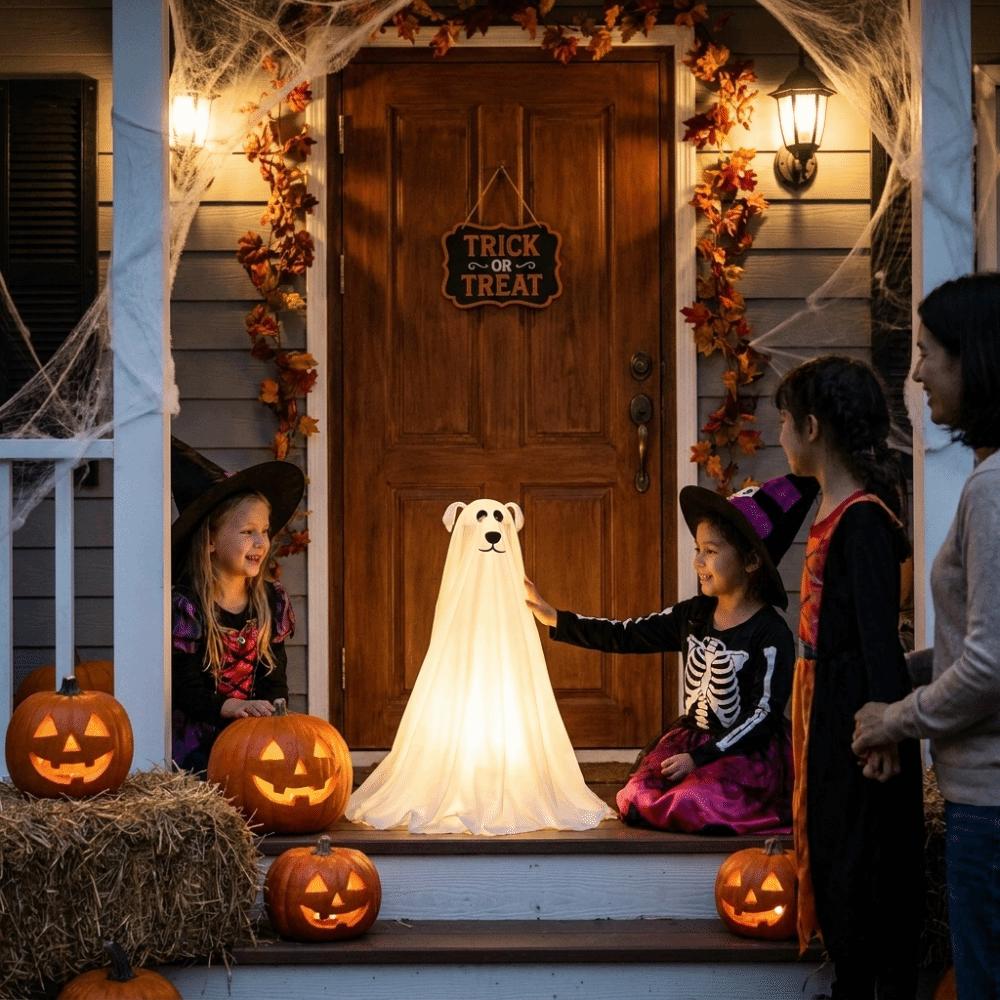 Remote Control LED Lights Freestanding Ghost Dog Halloween Decor Prop Front Porch Decoration