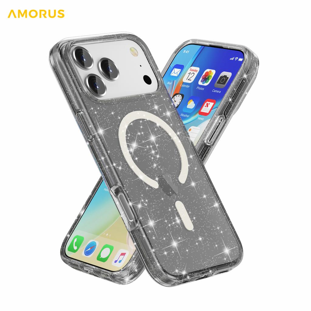 AMORUS For iPhone 17 Pro Magnetic Case Compatible with MagSafe Glitter Powder PC + TPU Phone Cover