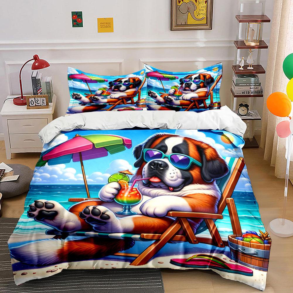 Beach Dog Relaxing with Drink Bedding Duvet Cover Set (1*Duvet Cover 2*Pillowcases, without duvet insert)