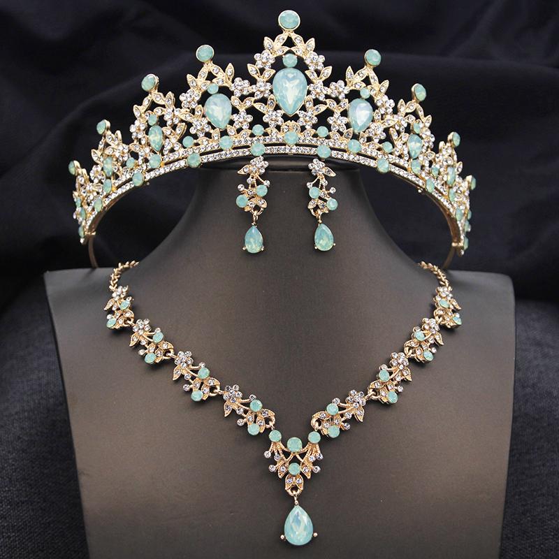 Opal Blue Tiaras Sets Bridal Jewelry Set for Princess Wedding Crown and Necklace Earring Prom Birthday Dress Costume Accessories