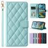 Chic Embossed Checkered Phone Bag Case for iPhone Samsung Xiaomi Google OPPO SONY PU Leather Card Slots Wallet Case Flip Cover with Hand-strap