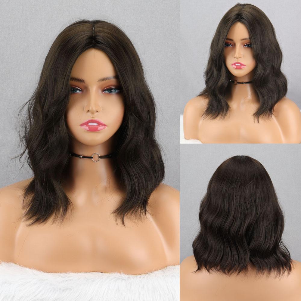 MISS WIG Women Shoulder Length Wavy Wig with Natural Bangs Synthetic Fiber Pink Short Wavy Wig Daily Wear