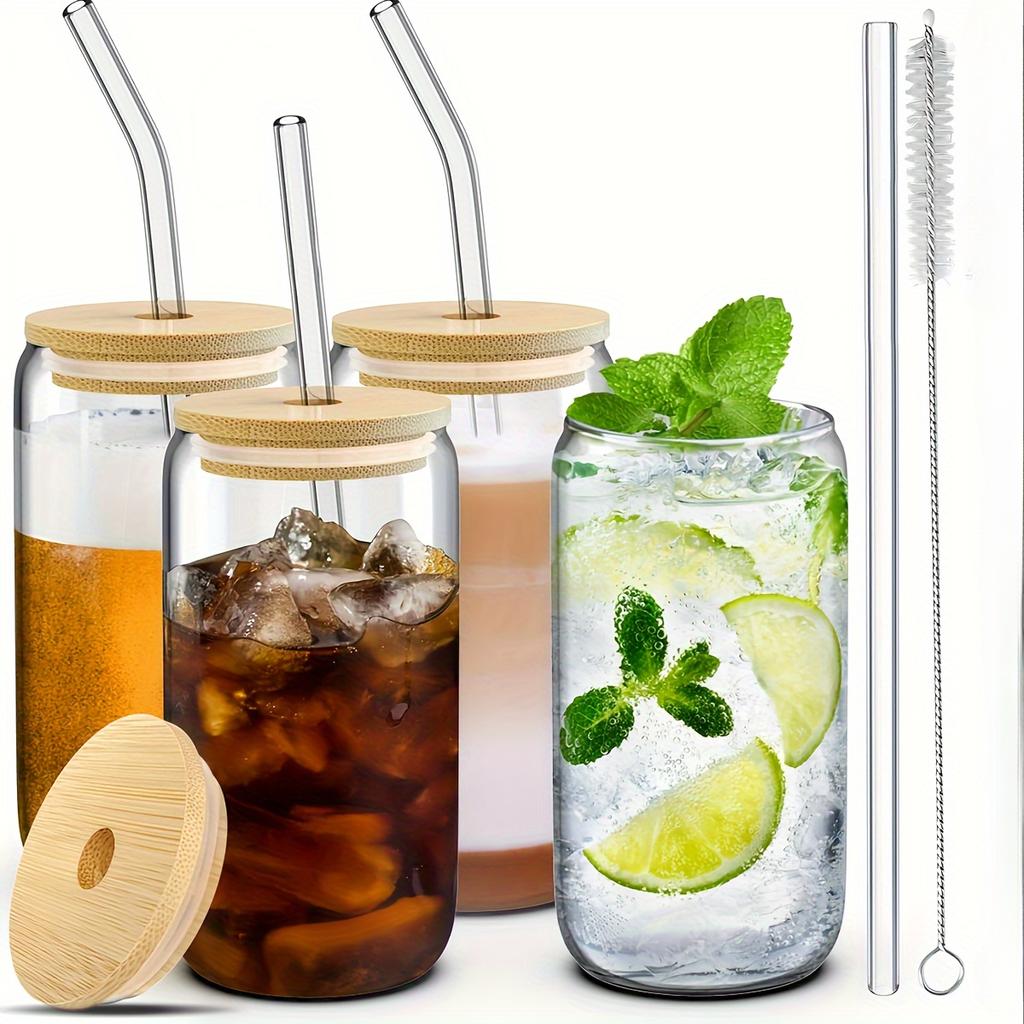 4 Pieces Drinking Glasses with Bamboo Lid and Glass Straw,500ml Canister Glasses for Beer,Iced Coffee,Soda Boba Tea Cocktails Cute Non-Tipping Glasses