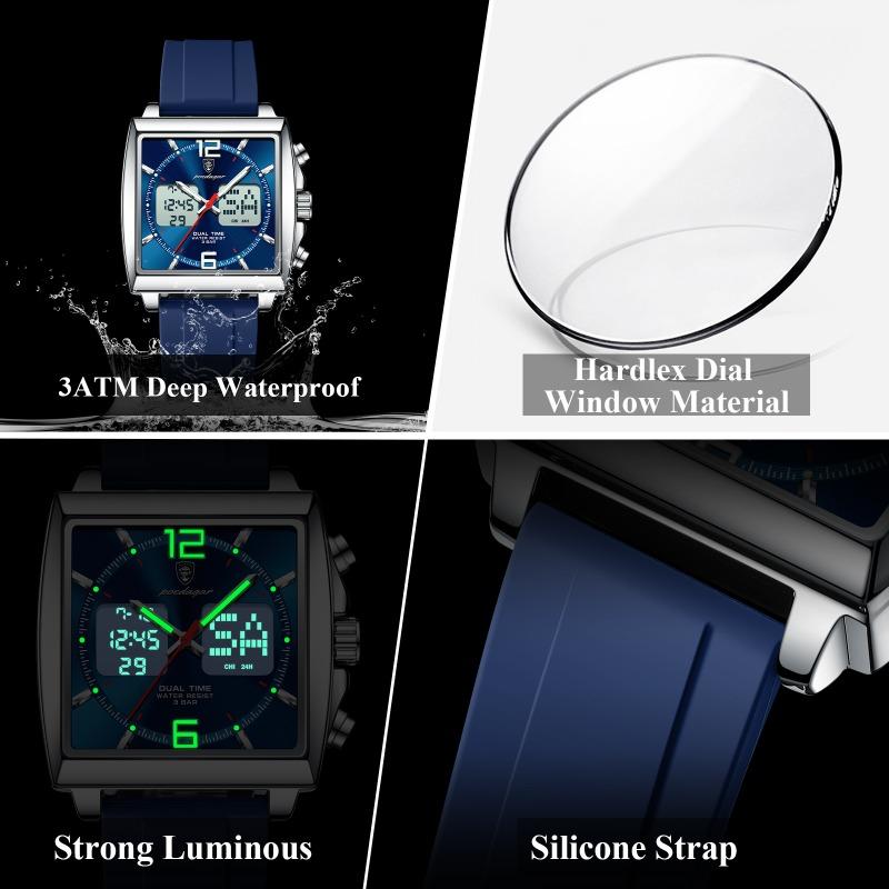 POEDAGAR Luxury Top Man Watch Electronic Square LED Alarm Chronograph Watches Week Date Dual Time Display Quartz Clock