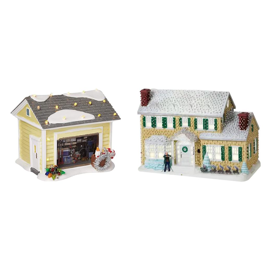 Christmas Village House LED Lighted Desk Building Resin House Statue Ornaments for Tabletop